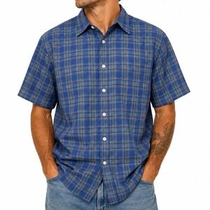 Vintage 90's Manhattan Button Down‎ Shirt Navy Plaid Large